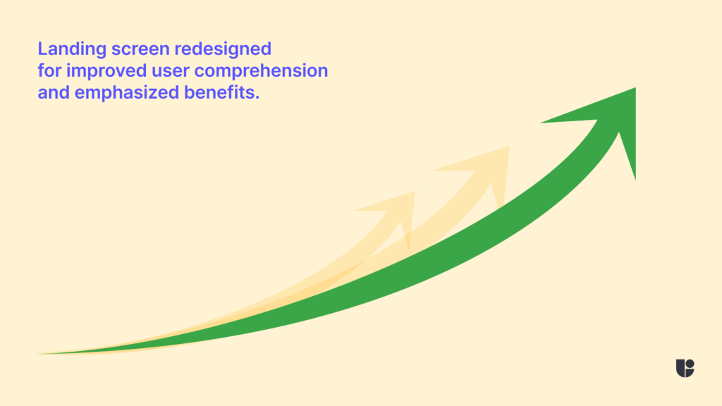 Image of arrows symbolizing progress, accompanied by the text 'Landing page was redesigned for improved user comprehension and emphasized benefits.' The image represents the enhancements made to the landing page design, highlighting its focus on improving user understanding and emphasizing the benefits provided.