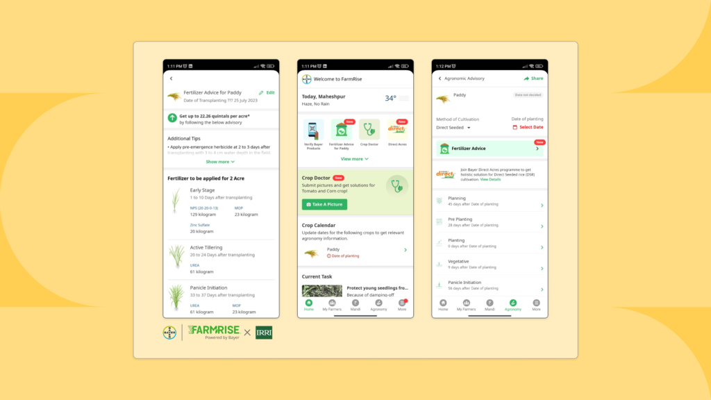 Screen images of FarmRise app showcasing simplified design, convenient features, and paddy nutrition advisory. The app aims to provide real-time access to unconventional farming methods for Indian farmers. Usability testing conducted using a remote unmoderated user testing tool in Hindi and Marathi languages. Study participants recruited from villages near Varanasi, Uttar Pradesh, and Pune, Maharashtra. The app's design and features were optimized based on user insights and feedback.
