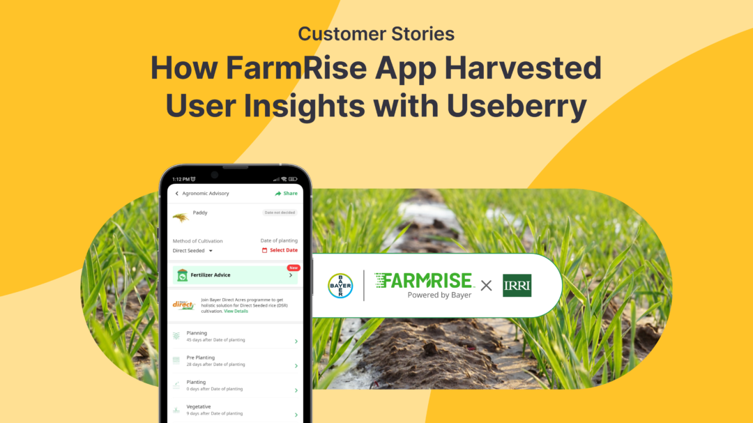 FarmRise app, powered by Bayer, utilizing Useberry for user feedback: A mobile screen displaying the FarmRise app's vibrant interface with various agricultural tools, weather updates, and crop information. The app integrates Useberry's user feedback feature to enhance user experience and gather valuable insights for continuous improvement.