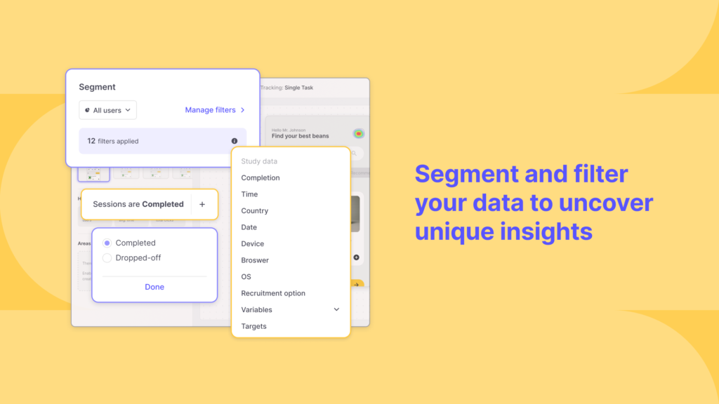 UI of Useberry's platform showing options to segment and filter data to uncover unique insights from your research studies.