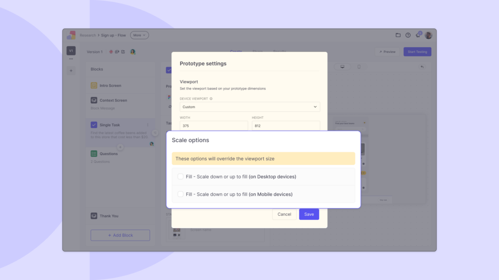 Prototype filling options within the viewport setting for desktop or mobile devices.