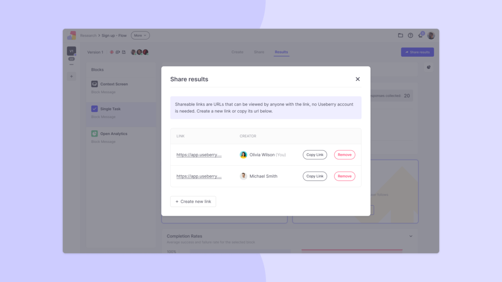 Useberry platform showing how ux research members can share their results from their user testing study by sending a live link to stakeholders.