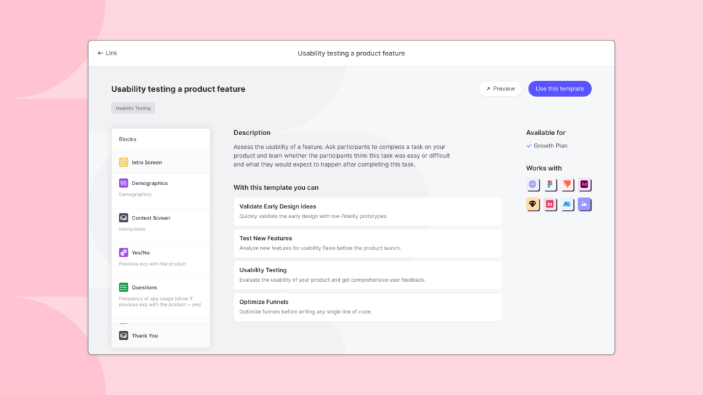 Ready made UX research template for usability testing a product feature by Useberry.