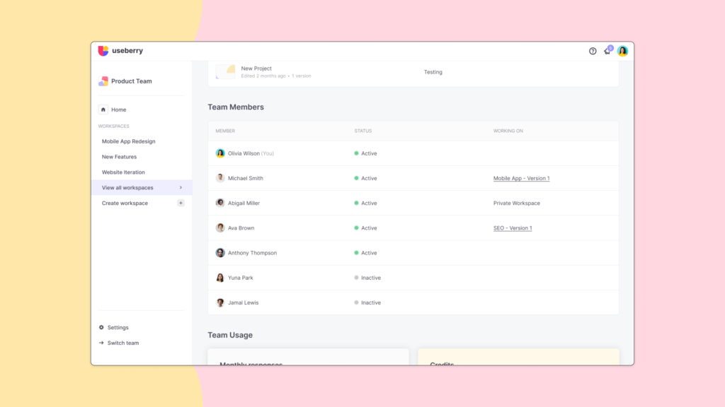 Useberry platform UI showing team members working together on a UX research project and viewing which member is working on each project in real time.