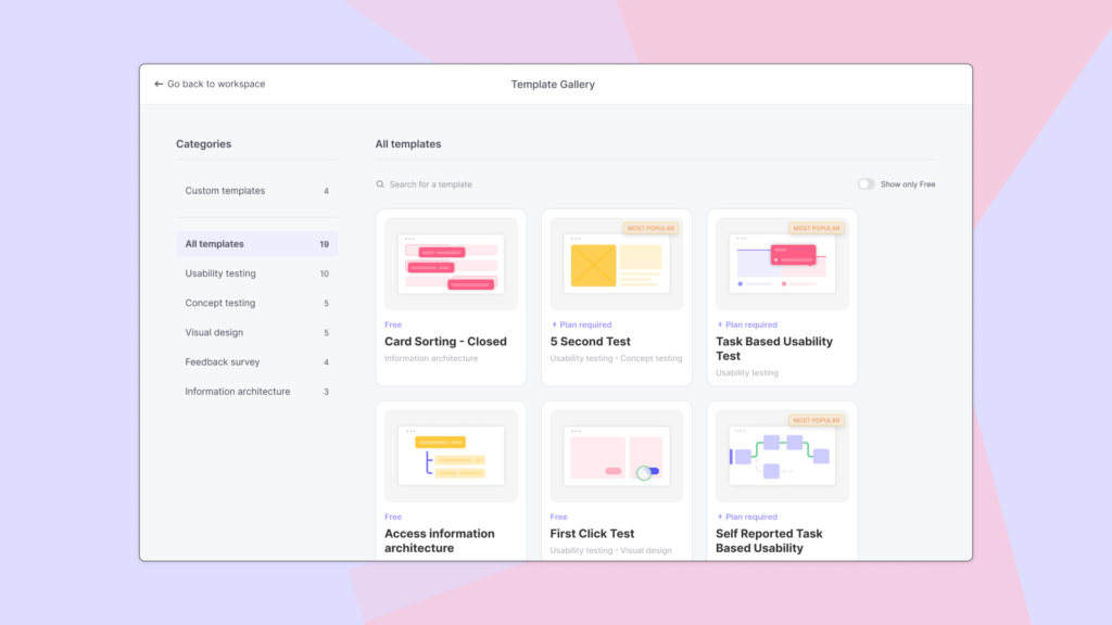 UX research templates for usability testing, card sorting, tree testing, 5 second tests, first click tests, access information architecture.