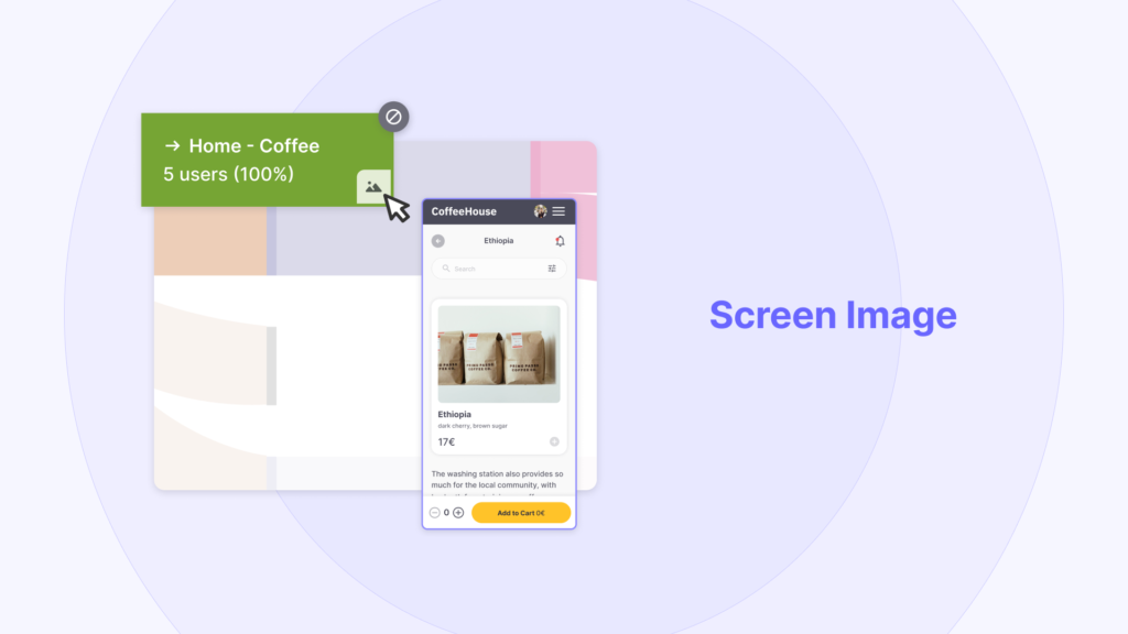 Useberry User Flows UI showcasing specific screen image on each step of the user flow.