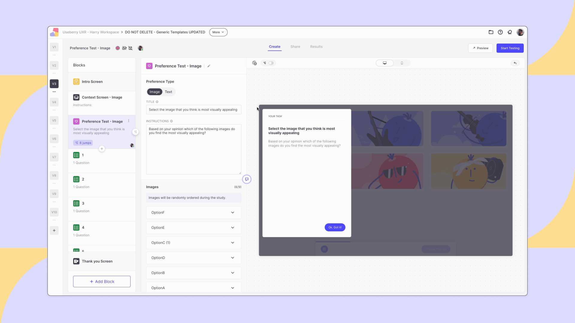 UX research study preview with Jump Mode feature. This feature lets you preview the "jumps" you have set from one block to the next, emulating the user's journey throughout the study.