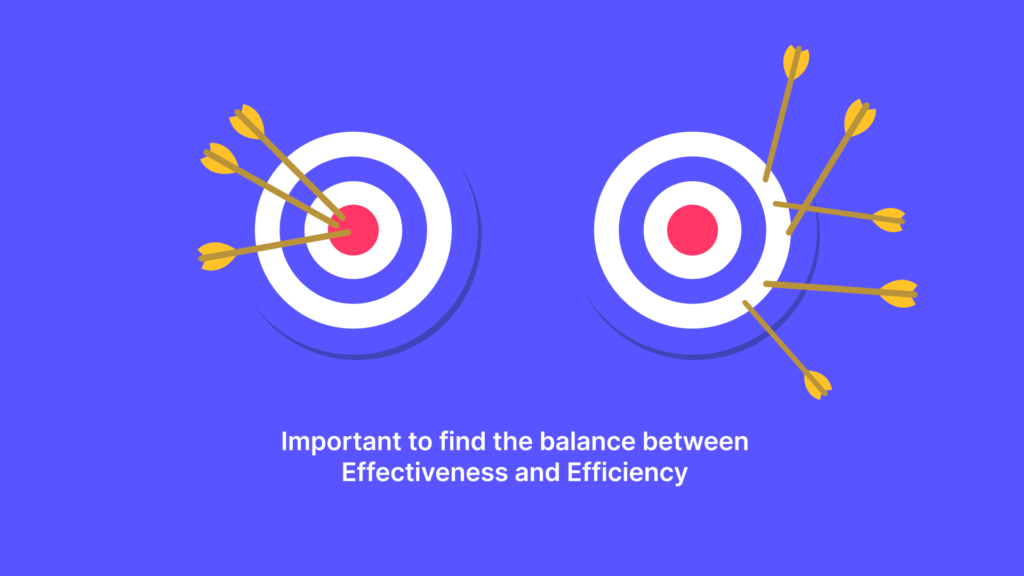 2 dartbords, one with 3 bullseyes showing effectiveness and the second one with more arrows spread on the board representing efficiency.