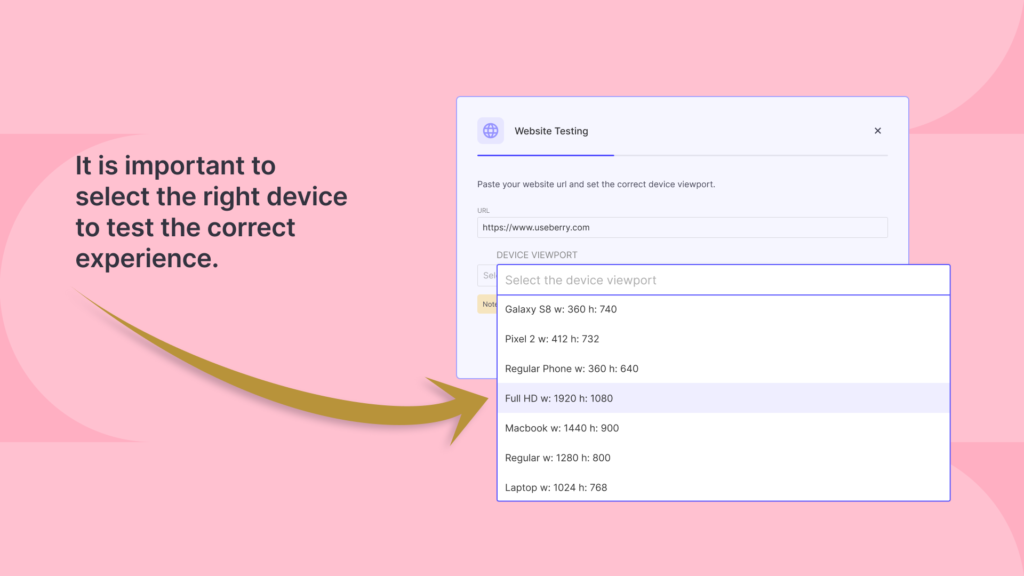 a dropdown menu showing different device viewport options in the Useberry website testing