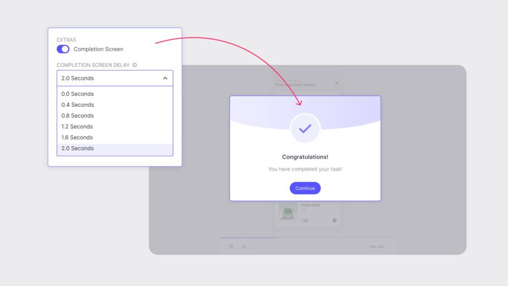 The new completion screen delay option for up to two seconds on Useberry UX Studies are shown visually