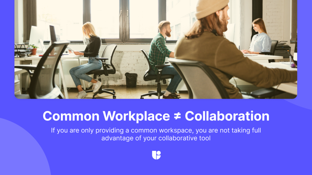 showing people sitting in an office close to each other but focused on their own screens to show that collaboration takes more than just common space