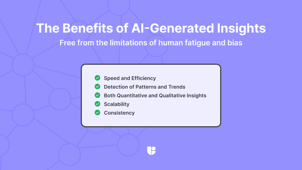 A list showing the benefits of AI in UX research with 5 bullet points that are expanded into detailed explanations below in the article