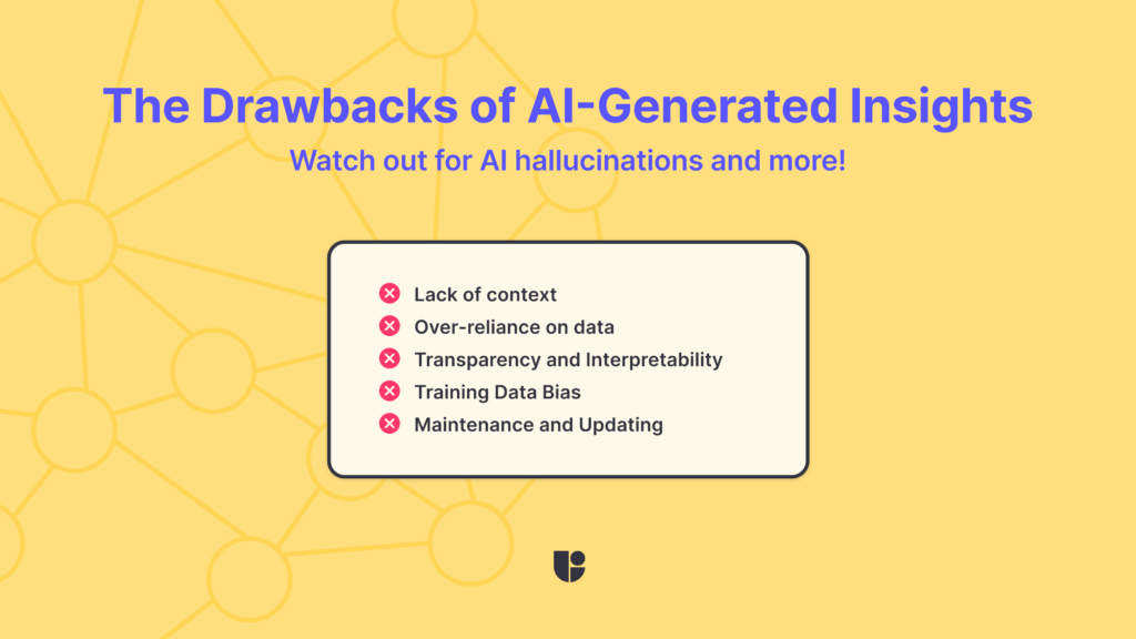 A list of potential drawbacks about using AI in UX Research that are related to the limitations of such tools