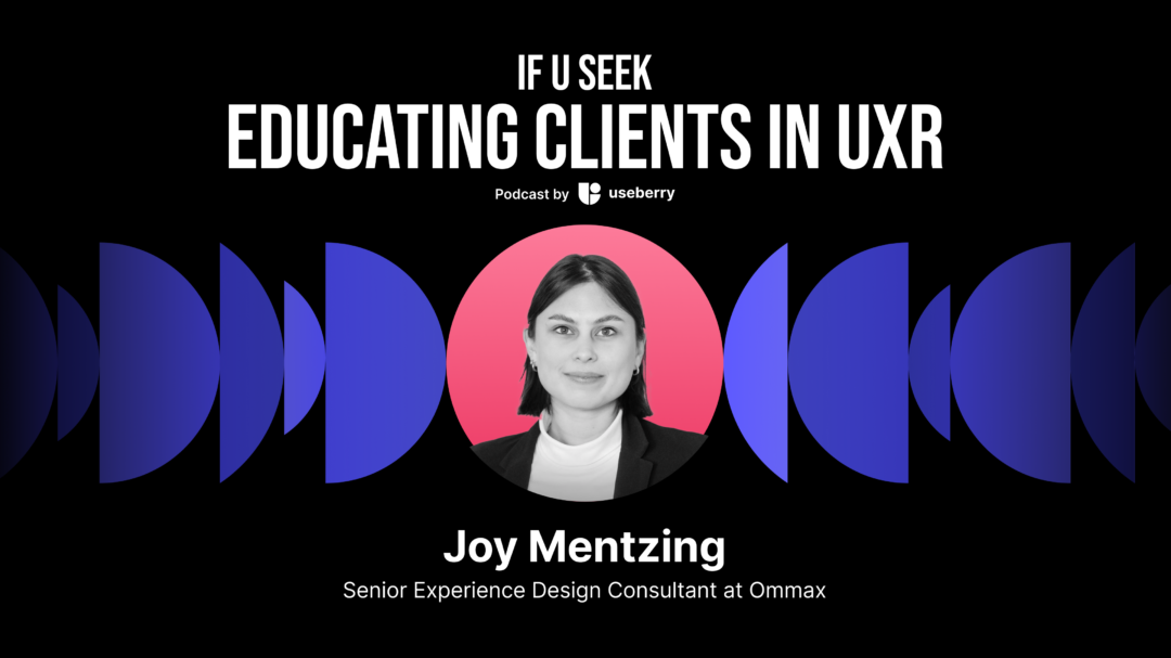 Cover image of our podcast episode with the guest Joy Mentzing's image and title showing that the subject is UX Research