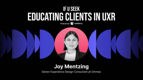 Cover image of our podcast episode with the guest Joy Mentzing's image and title showing that the subject is UX Research