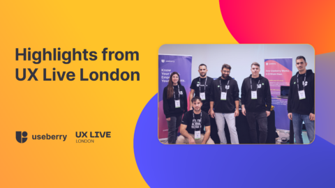 Showing the Useberry team at UX Live posing in front of our booth at UX Live London 2024 from Tech Circus