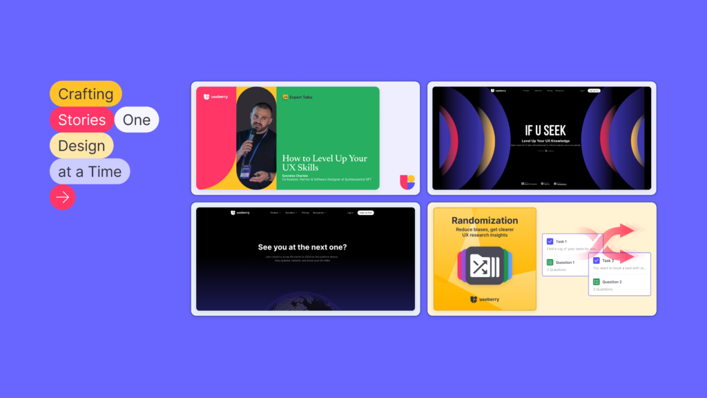 Showing a nice selection of designs from the Useberry team, showing product updates, editorial materials, If U seek podcast, events landing page etc.