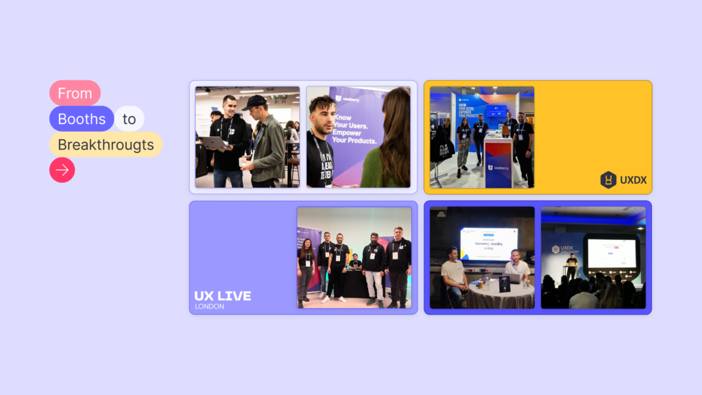 Showing images of Useberry team from events like UXDX Dublin, UX Live London, and workshop with friends of figma teams