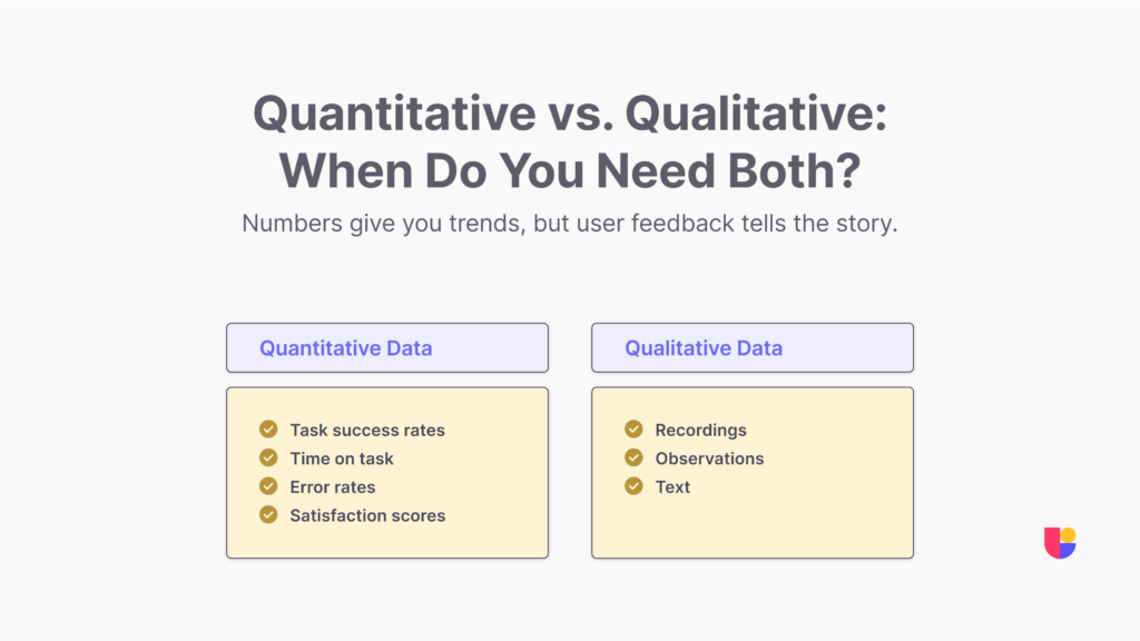 a table showing the differences between quantitative and qualitative data and when you should run the type of UX research to gather them. 