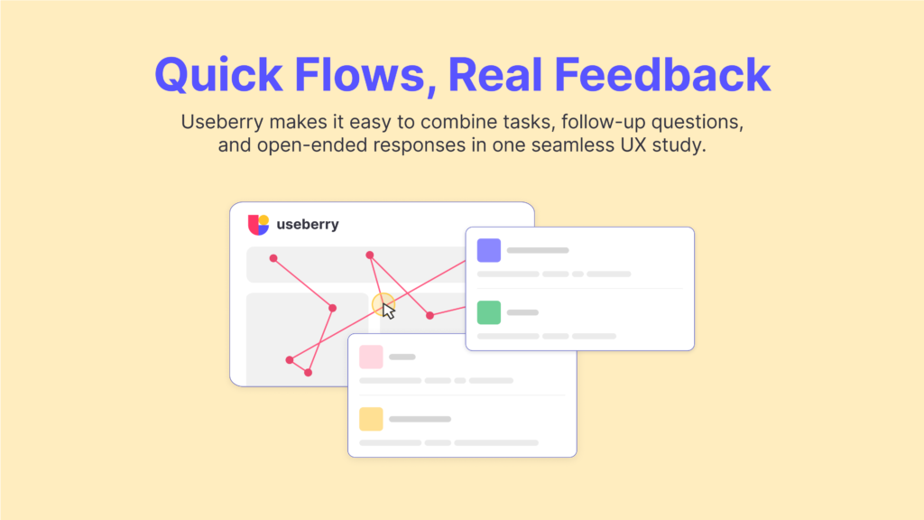 Representative image of Useberry dashboard with a message of the platform's capabilities such as combining different ux research methods, follow up questions, post-task questions etc.
