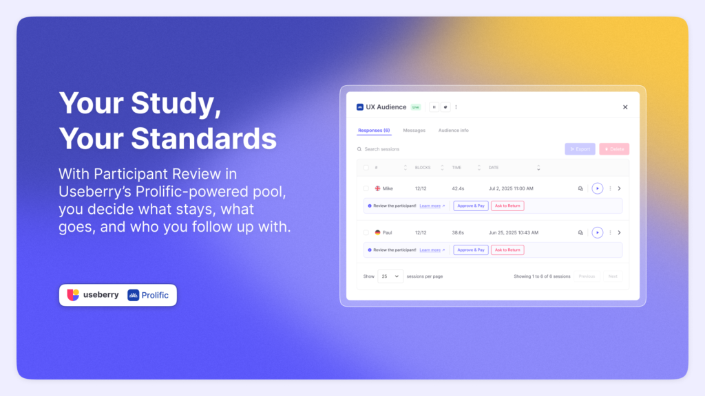 Useberry's new participant review product update is mentioned to show how it supports the core message of the article. Also the collaboration with Prolific for recruitment is highlighted