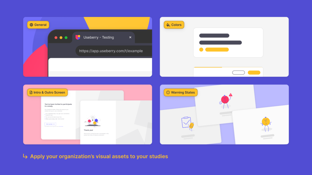 Showing where Useberry brand kits apply in a user testing study from general settings to brand colors, intro & outro screens, warning states and more!
